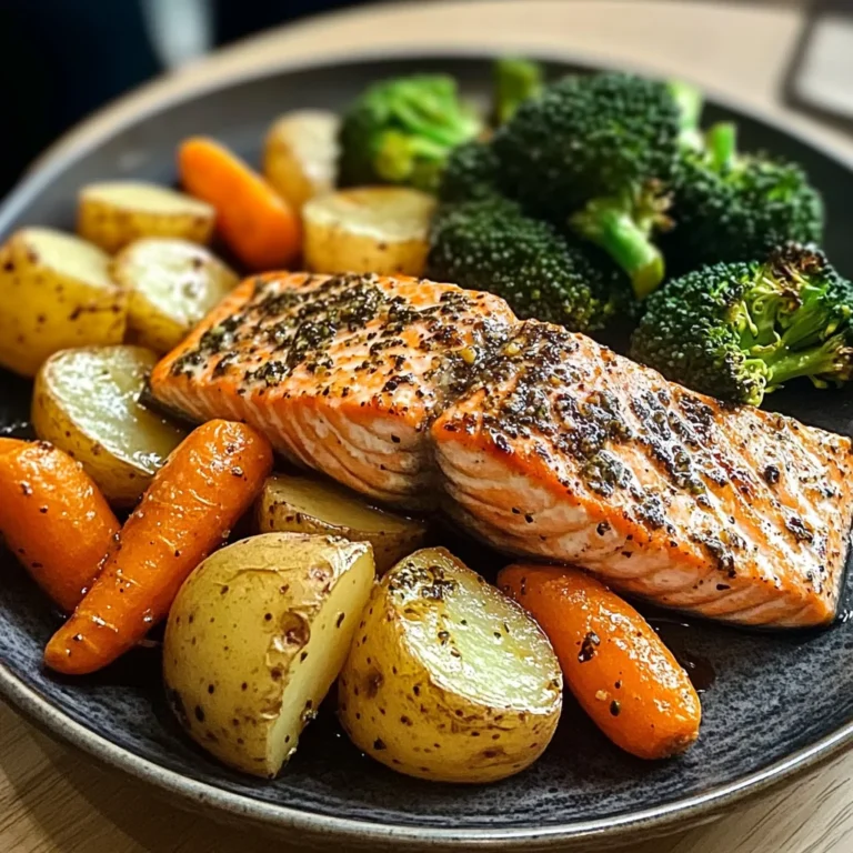 Garlic-Herb Salmon with Roasted Potatoes, Glazed Carrots & Broccoli