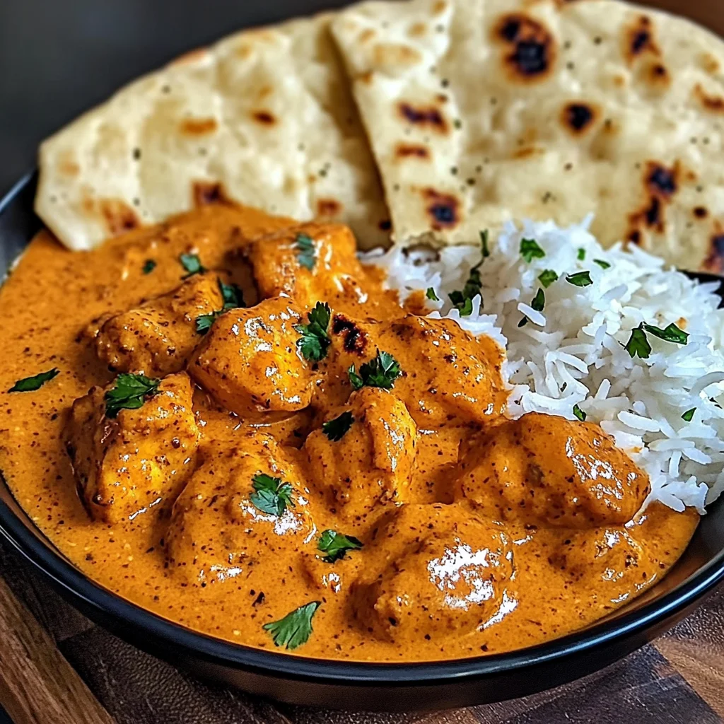 Butter Chicken with Coriander, Rice, and Naan