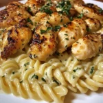 Cheesy Rotini Alfredo with Garlic Chicken Strips
