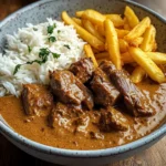 Creamy Coconut Curry Beef with Rice and Fries