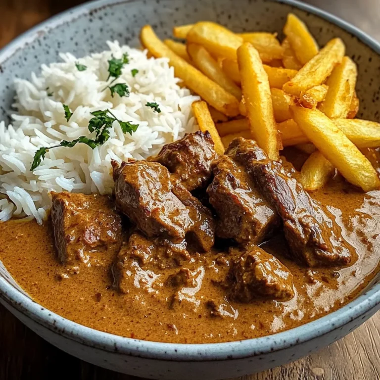 Creamy Coconut Curry Beef with Rice and Fries