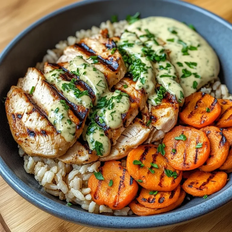 Grilled Chicken Rice Bowl with Creamy Herb Sauce & Carrots