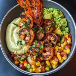 Grilled Shrimp Bowl with Avocado, Corn Salsa & Creamy Sauce