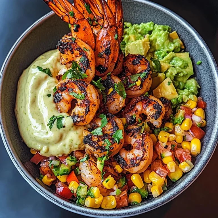 Grilled Shrimp Bowl with Avocado, Corn Salsa & Creamy Sauce
