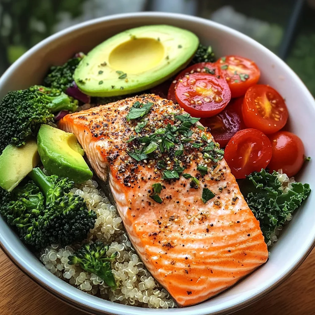 Herb-Roasted Salmon Bowl with Quinoa Kale Salad & Avocado