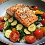 Pan-Seared Salmon on Garlic Veggie Rice Bowl