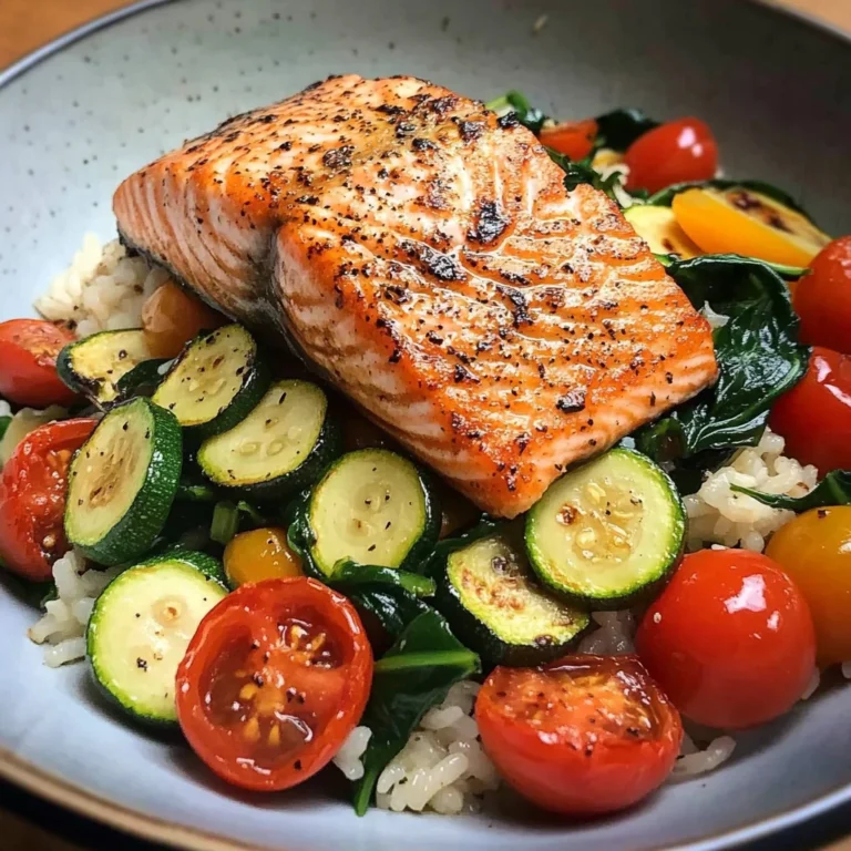 Pan-Seared Salmon on Garlic Veggie Rice Bowl
