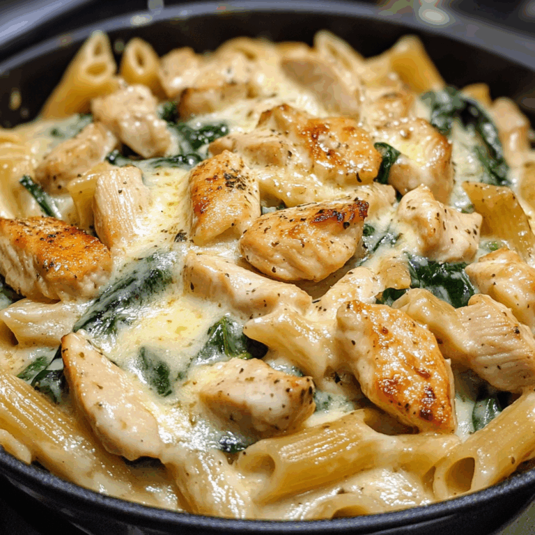 Creamy Chicken, Turkey Bacon & Spinach Pasta in Cheesy Garlic Sauce