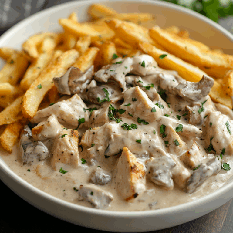 Creamy Chicken Turkey Bacon Stroganoff with Golden Fries