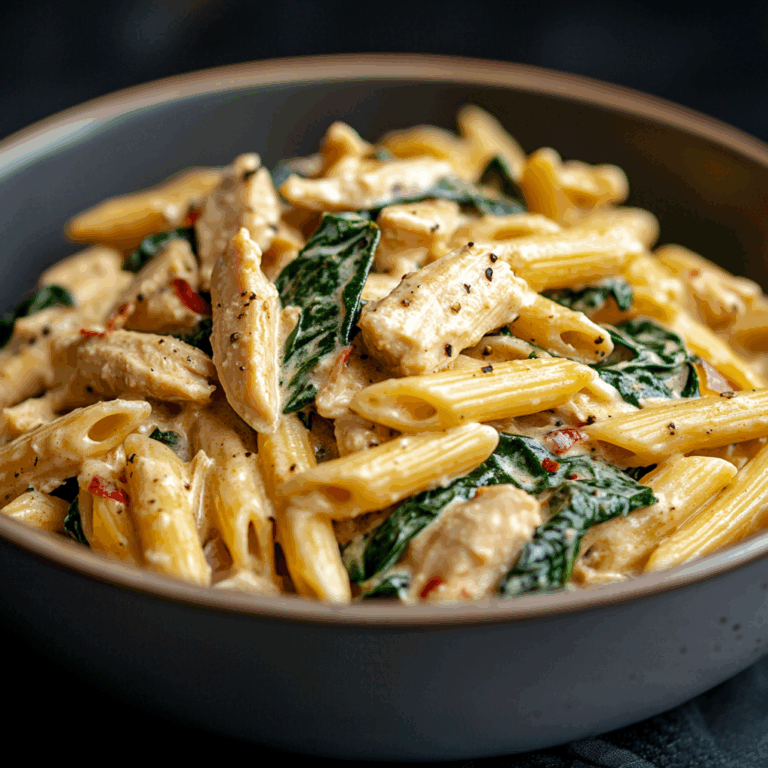 Creamy Chicken Turkey Bacon Penne with Spinach