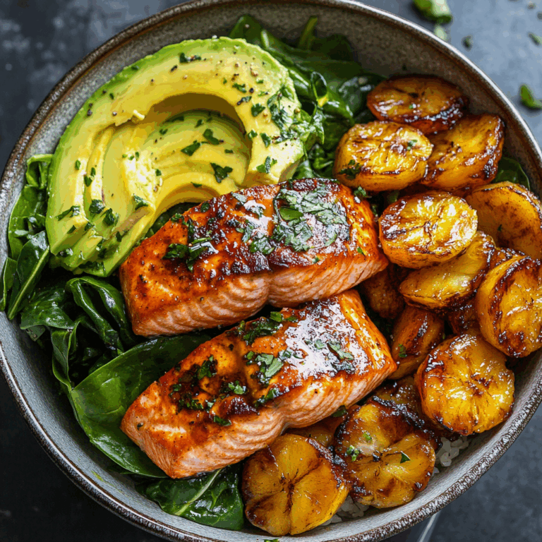 Glazed Salmon with Plantains, Spinach & Avocado Bliss Bowl