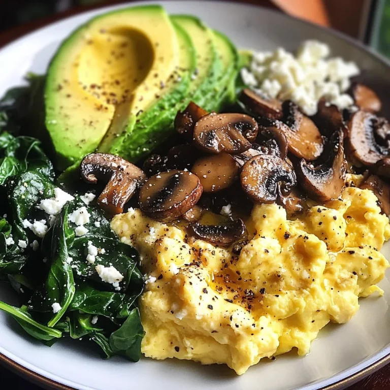 Creamy Scrambled Eggs with Sautéed Mushrooms, Spinach & Avocado