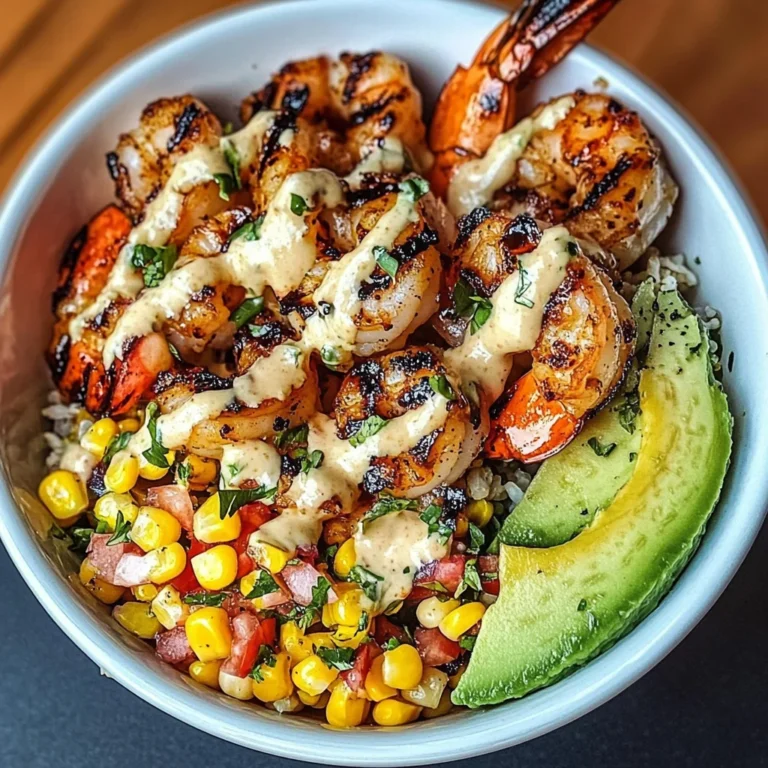 Grilled Shrimp Bowl with Avocado, Corn Salsa & Creamy Garlic Sauce