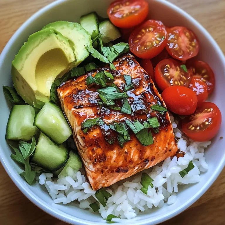 Honey-Glazed Salmon Bowl with Rice, Avocado, Cucumber & Tomato Herb Salad