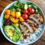 Rainbow Grilled Chicken Rice Bowl with Avocado & Crunchy Salad
